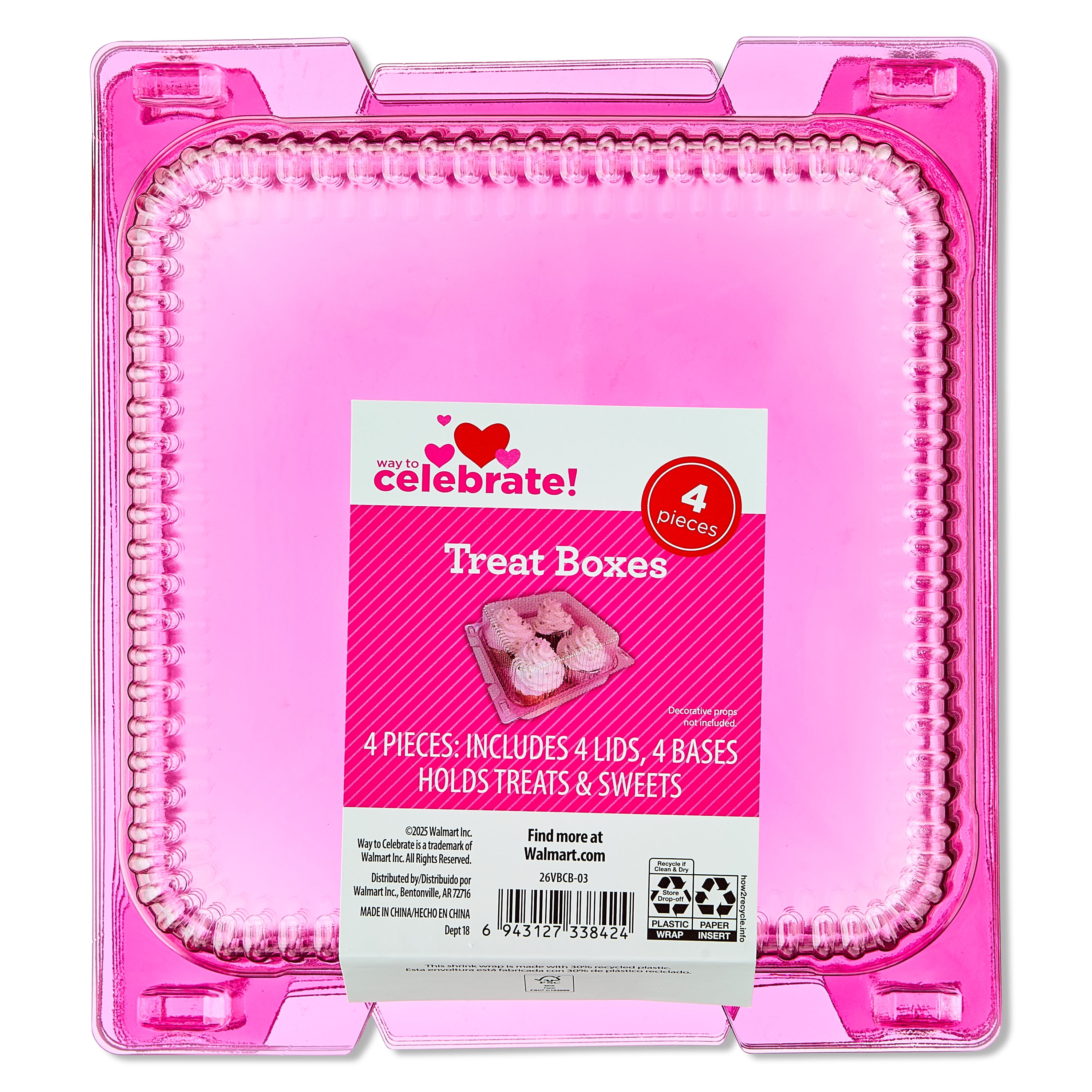 Clear Plastic Treat Boxes, Pink, 4 Count, Valentine's Day by Way To Celebrate