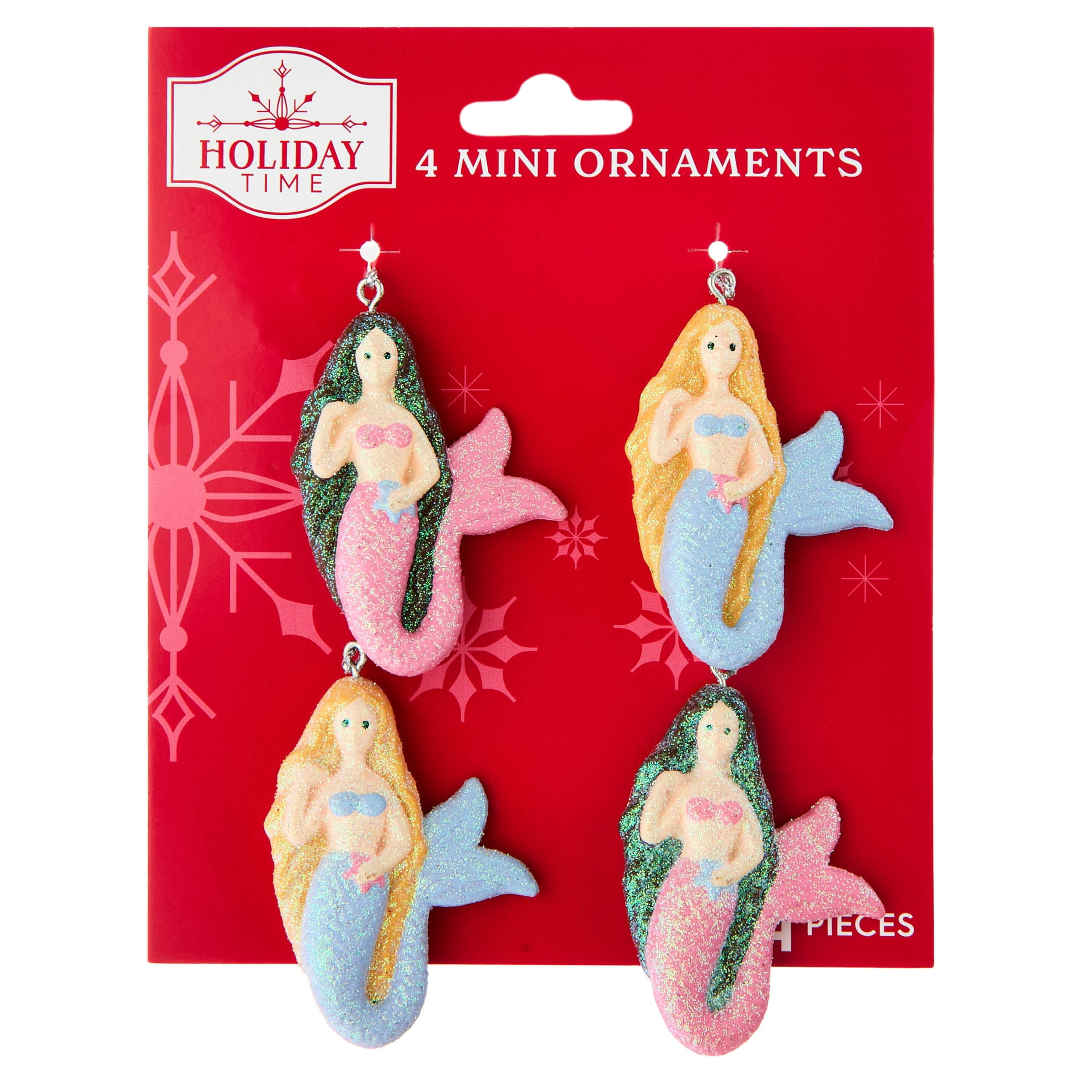 4-Count Pink and Blue Mermaid Mini Christmas Ornaments, 2.3", by Holiday Time