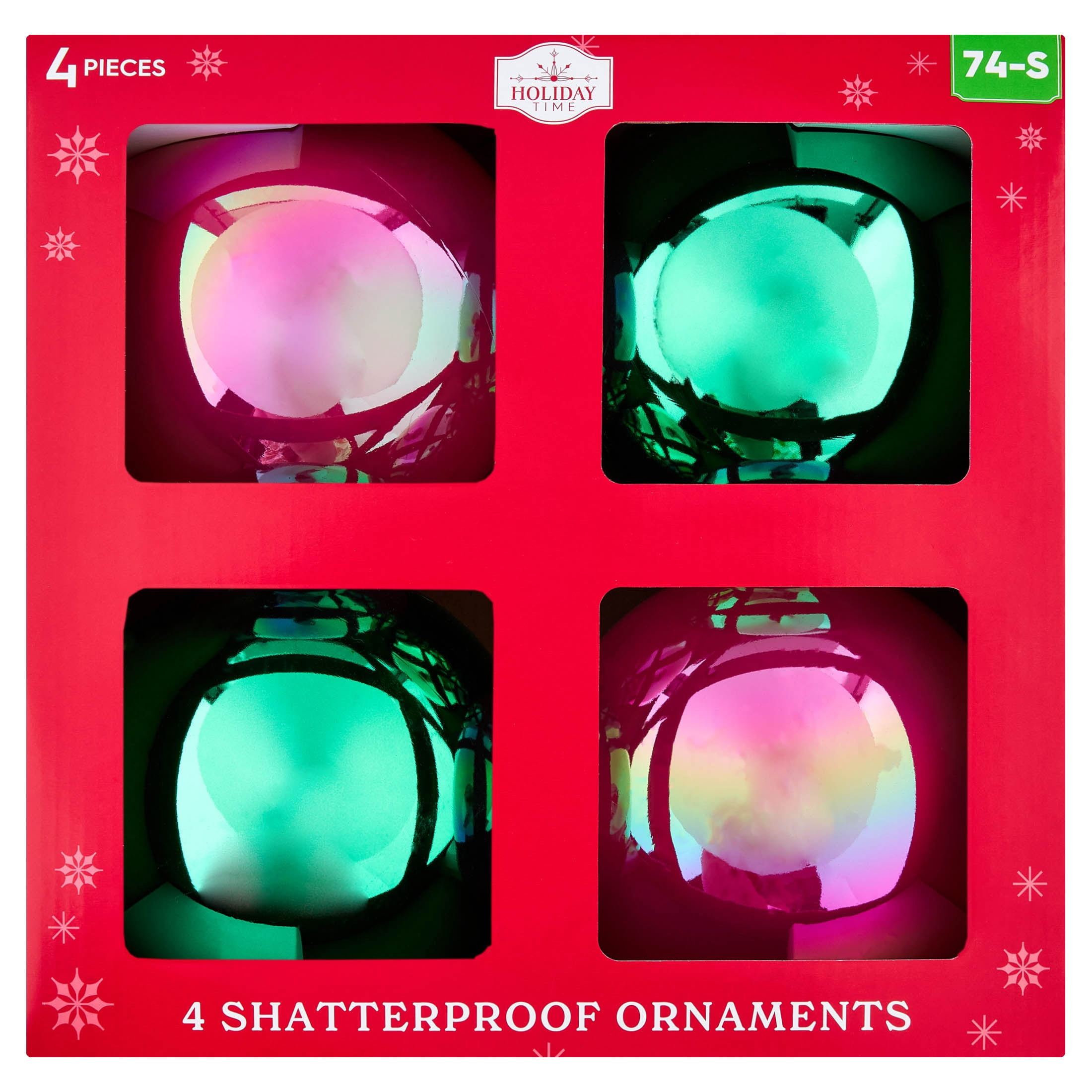 4-Count Pink and Green Iridescent Shatterproof Christmas Ornaments, 6.5", by Holiday Time