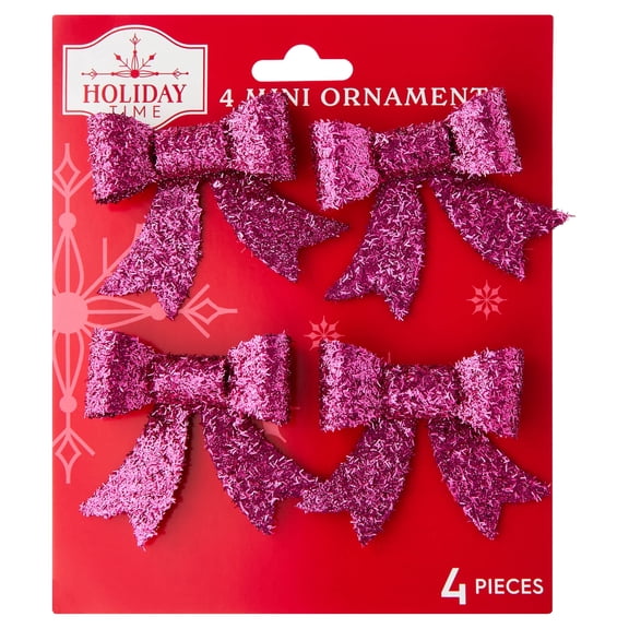 4-Count Pink Tinsel Bow Mini Christmas Ornaments, 2", by Holiday Time