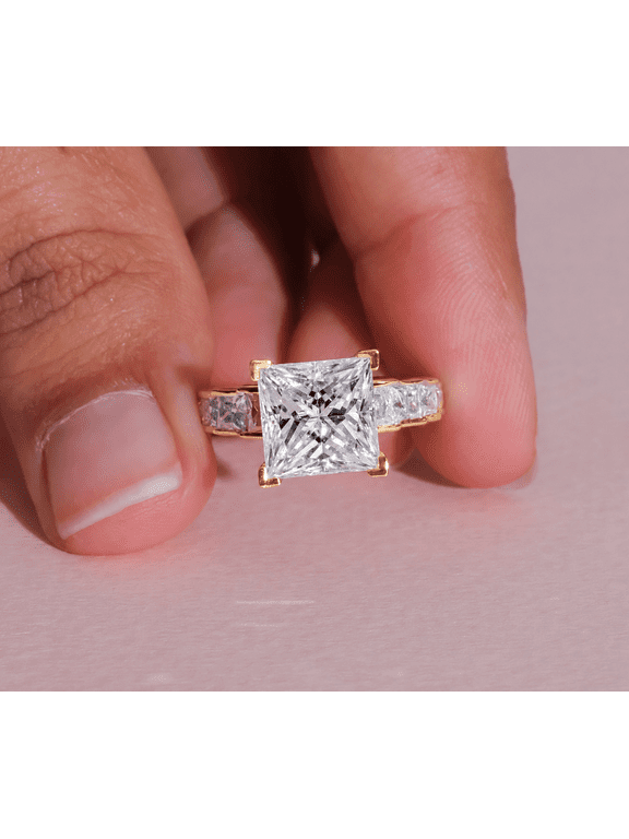 4CT Princess Cut Moissanite Diamond Prong set Engagement Ring for Women, 10K Yellow Gold, US 8