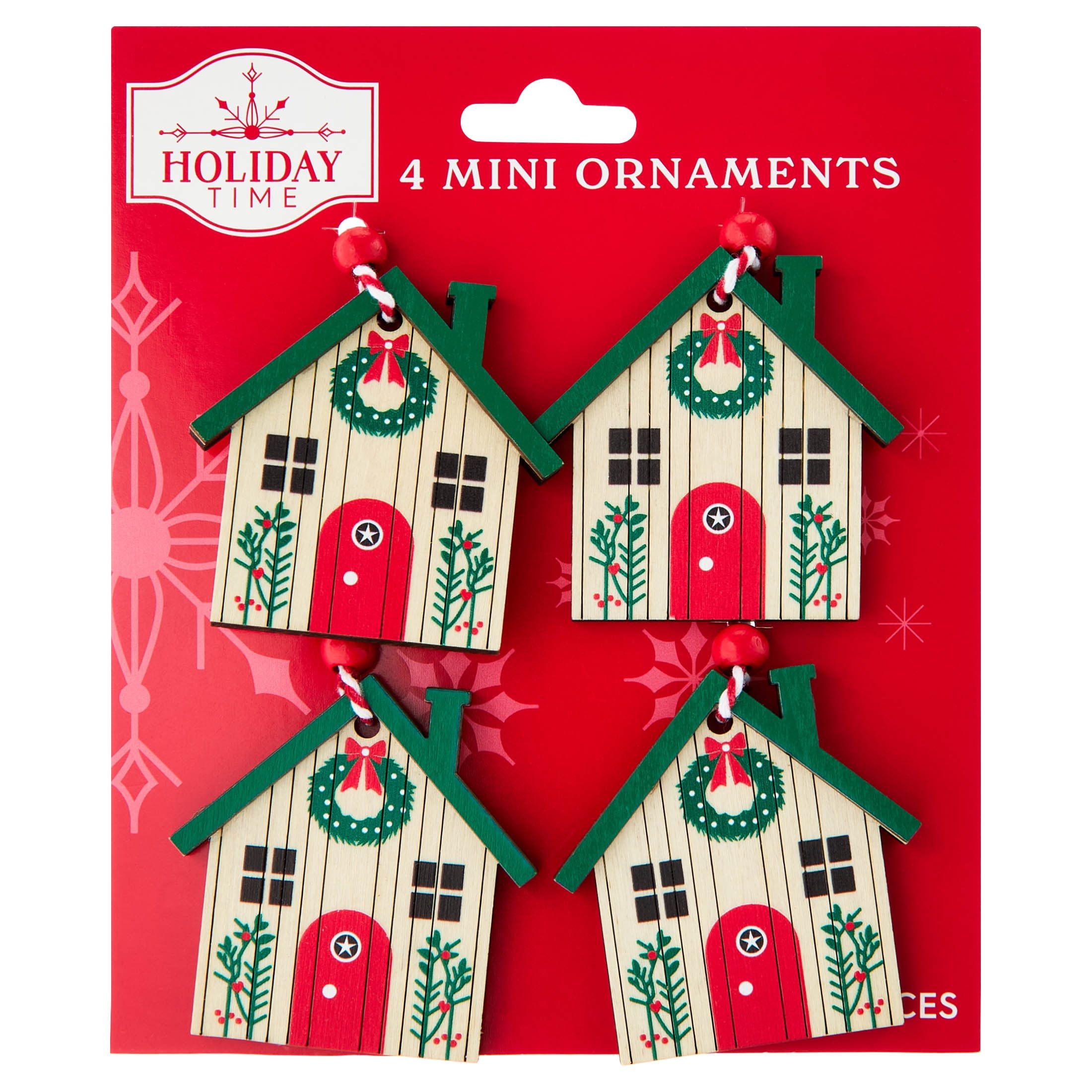 4-Count Multicolor Wooden House Mini Christmas Ornaments, 2.3", by Holiday Time