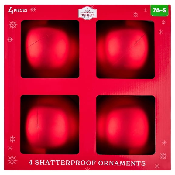 4-Count Matte Red Ball Shatterproof Christmas Ornaments, 6.5", by Holiday Time