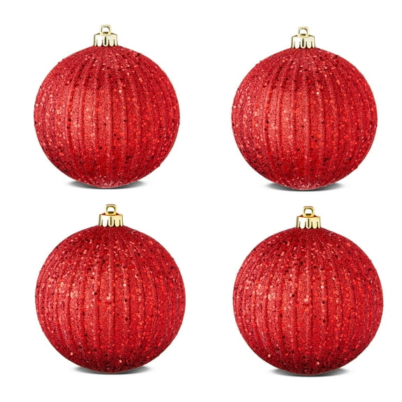 4-Count Red Glitter Shatterproof Textured Christmas Ornaments, 5.9 in, by Holiday Time