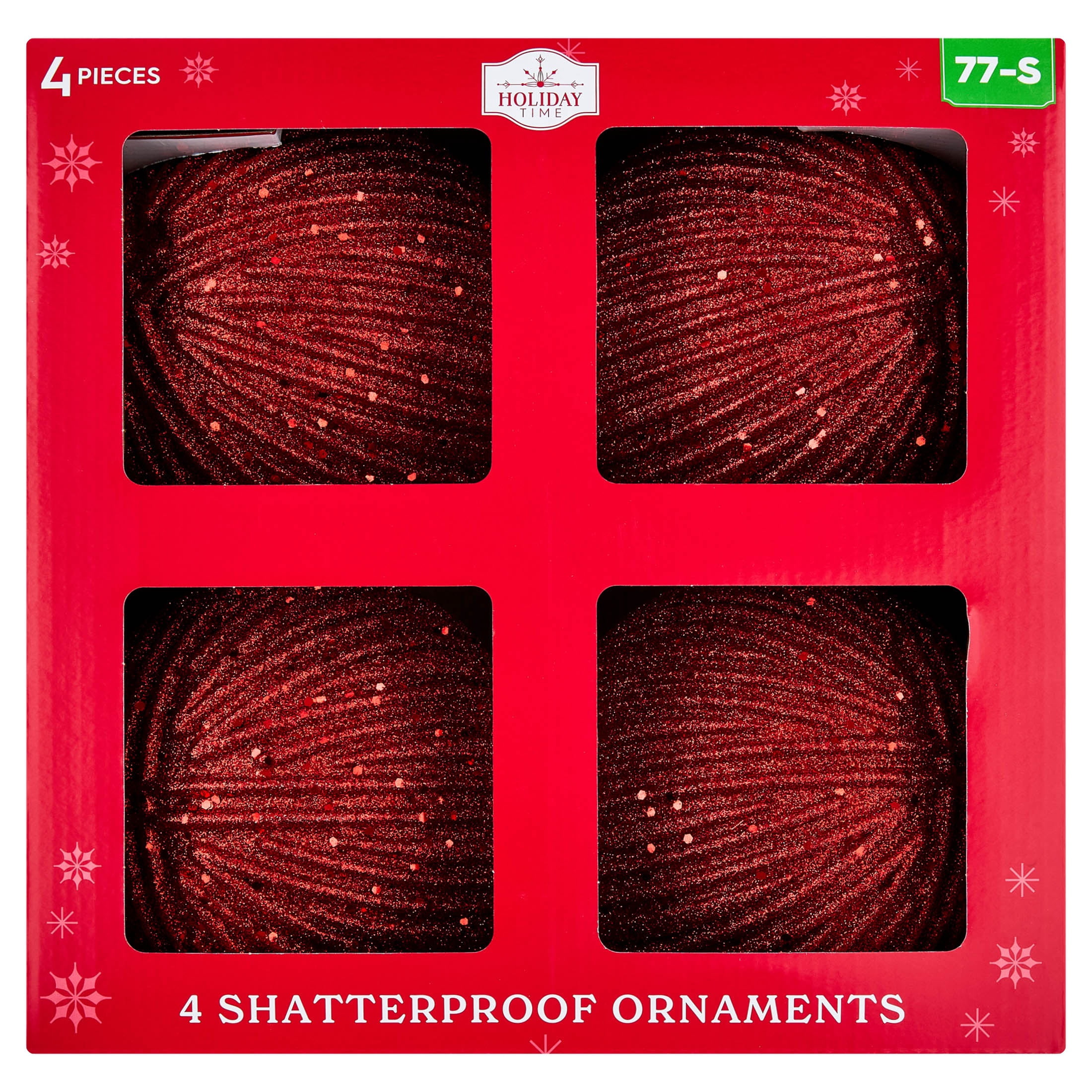 4-Count Red Glitter Ribbed Shatterproof Christmas Ornaments, 6.5", by Holiday Time