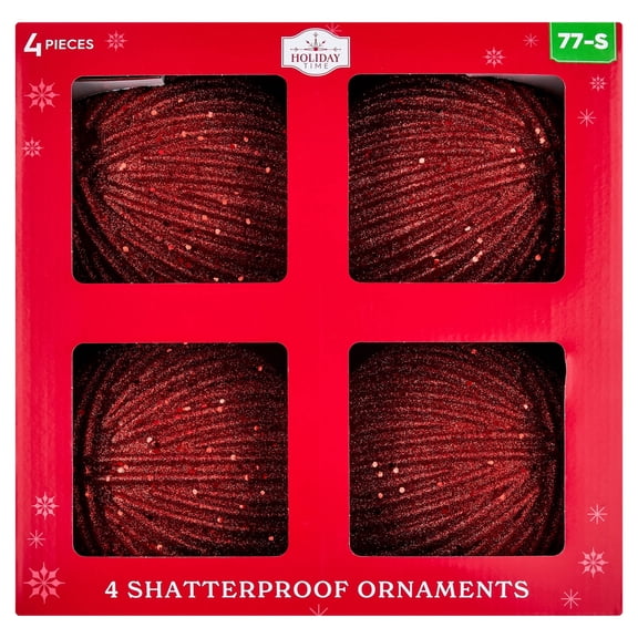 4-Count Red Glitter Ribbed Shatterproof Christmas Ornaments, 6.5", by Holiday Time