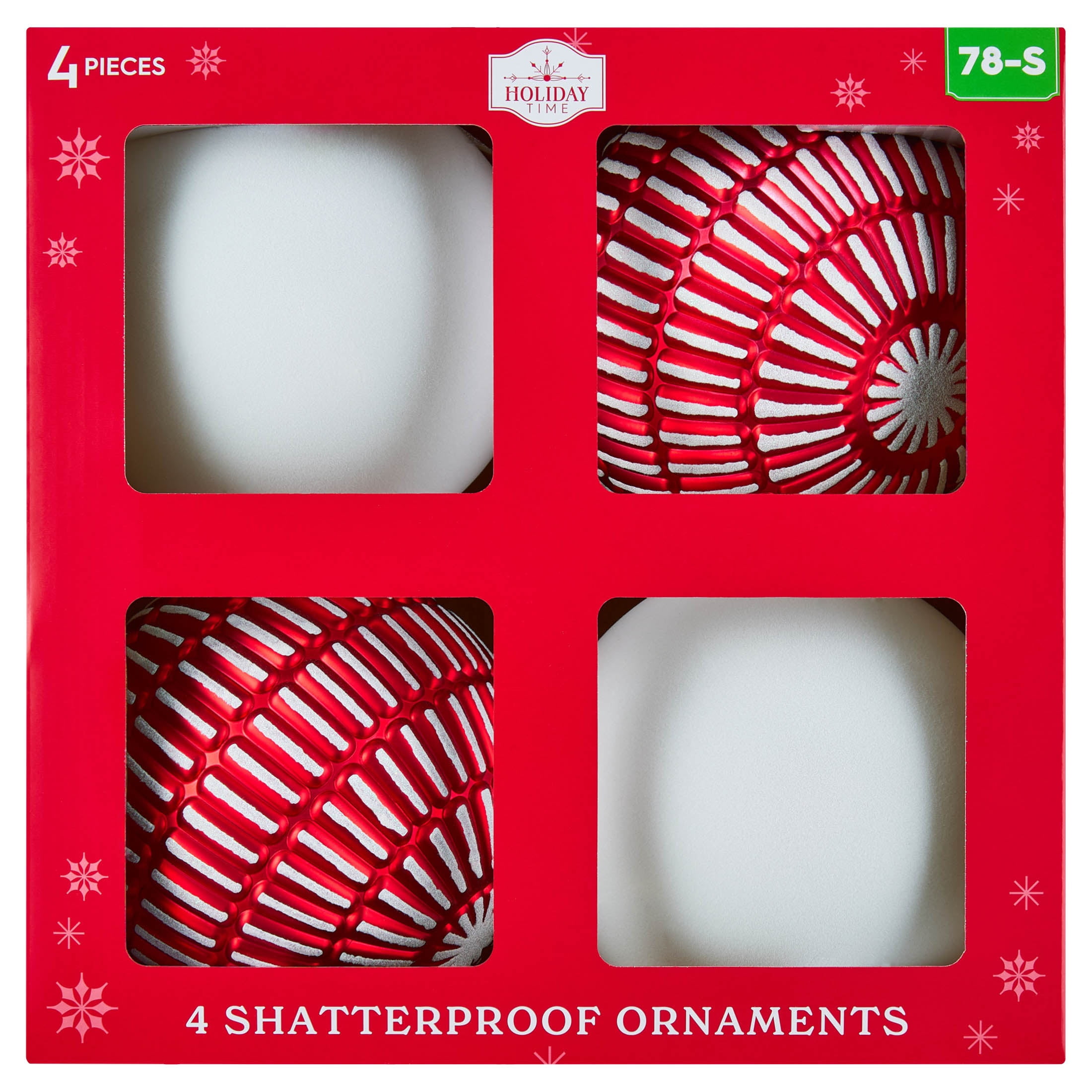 4-Count Red and White Ball Shatterproof Christmas Ornaments, 6", by Holiday Time