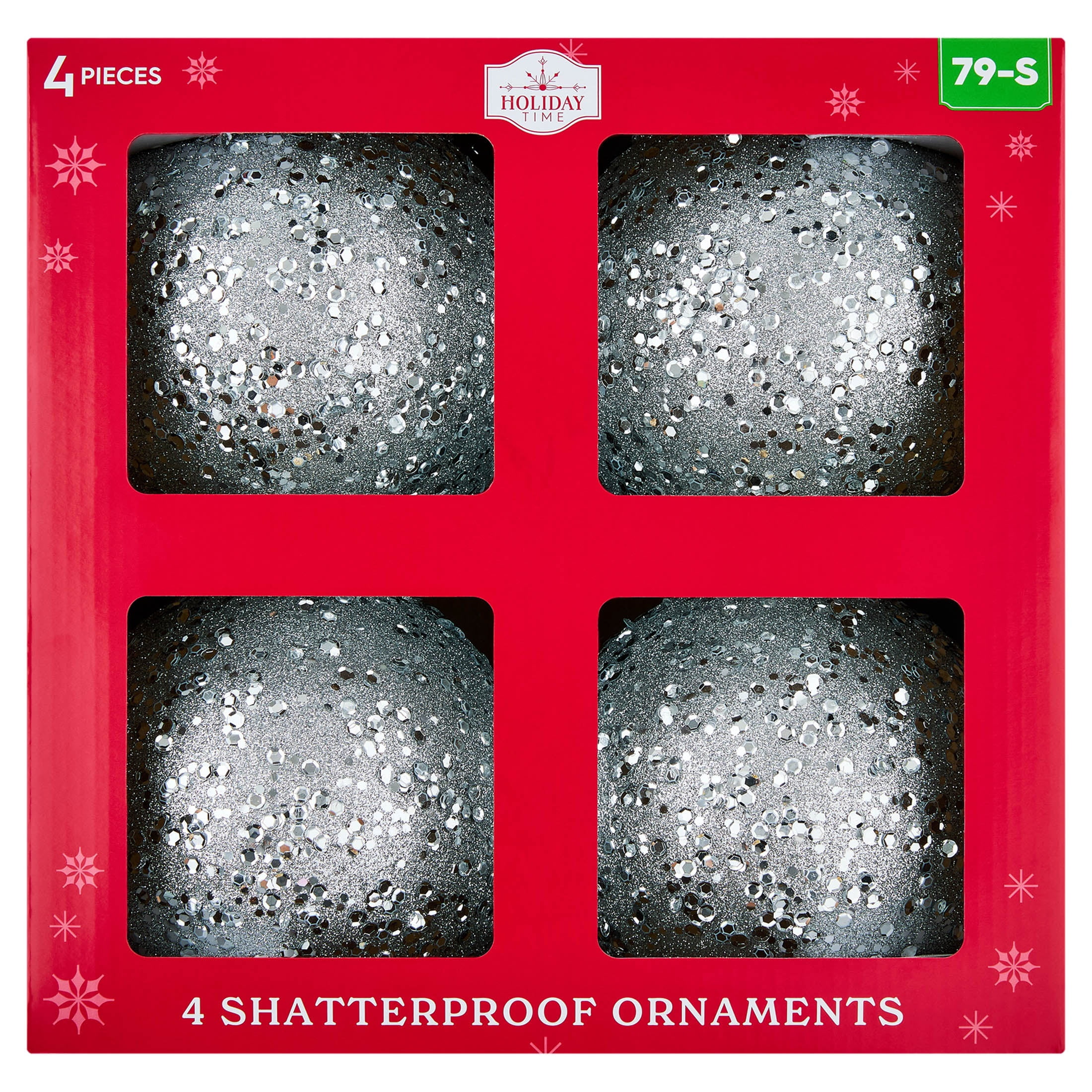 4-Count Silver Glitter Ball Shatterproof Christmas Ornaments, 6.5", by Holiday Time