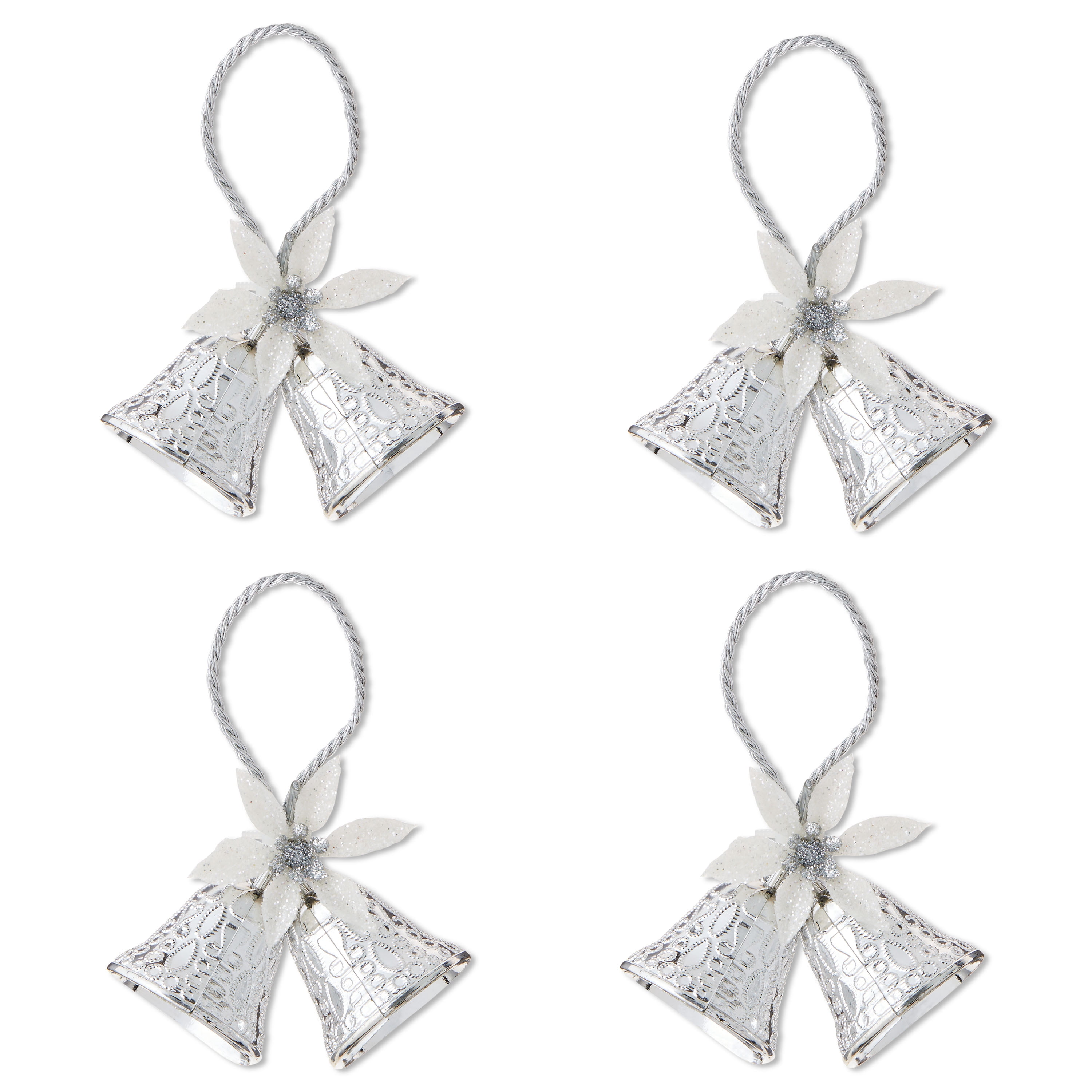 Metallic Silver Embossed Mini Double Bell with Poinsettia Christmas Ornament, 4 Count, by Holiday Time