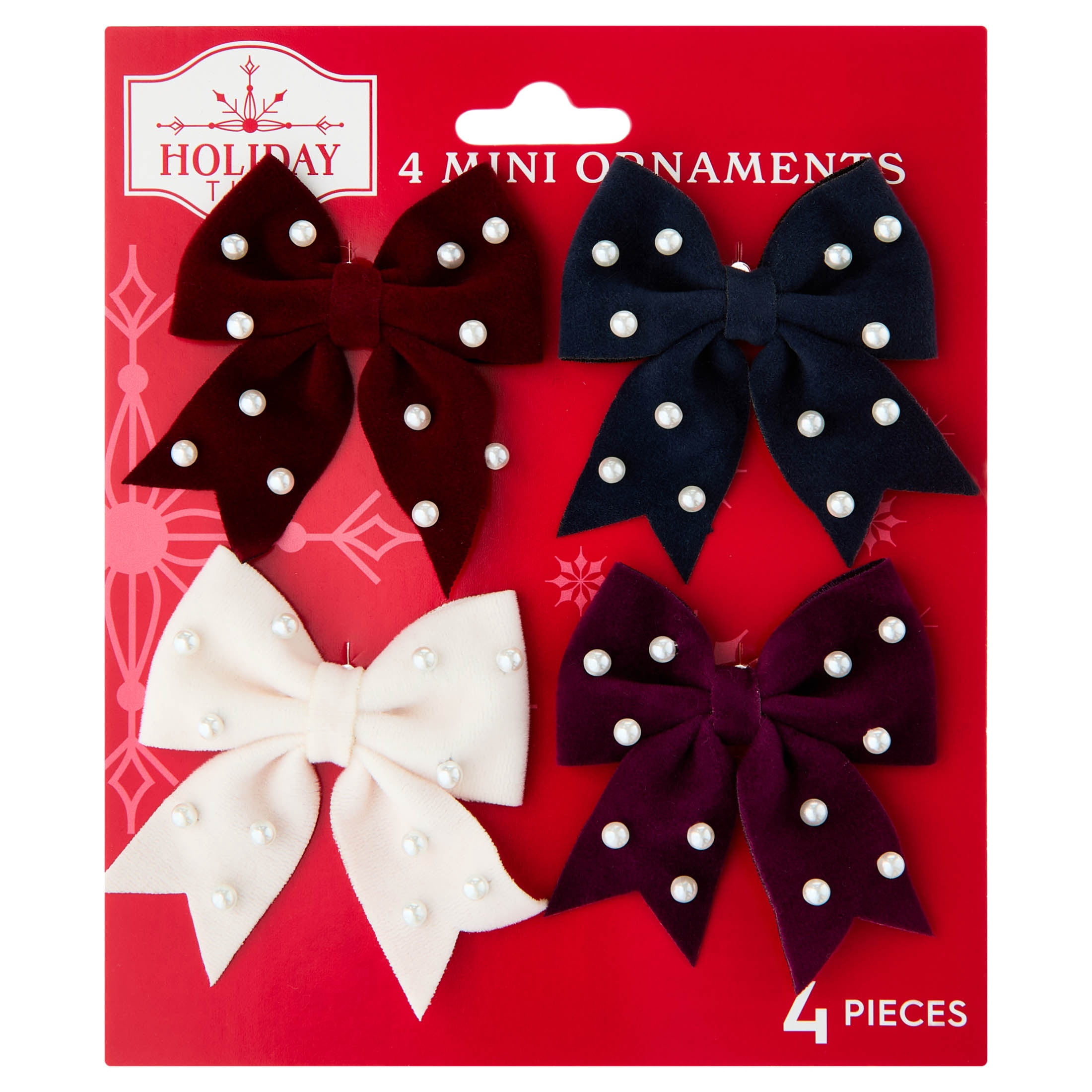 4-Count Red/Blue/White Velvet and Pearl Bow Mini Christmas Ornaments, 2.5", by Holiday Time