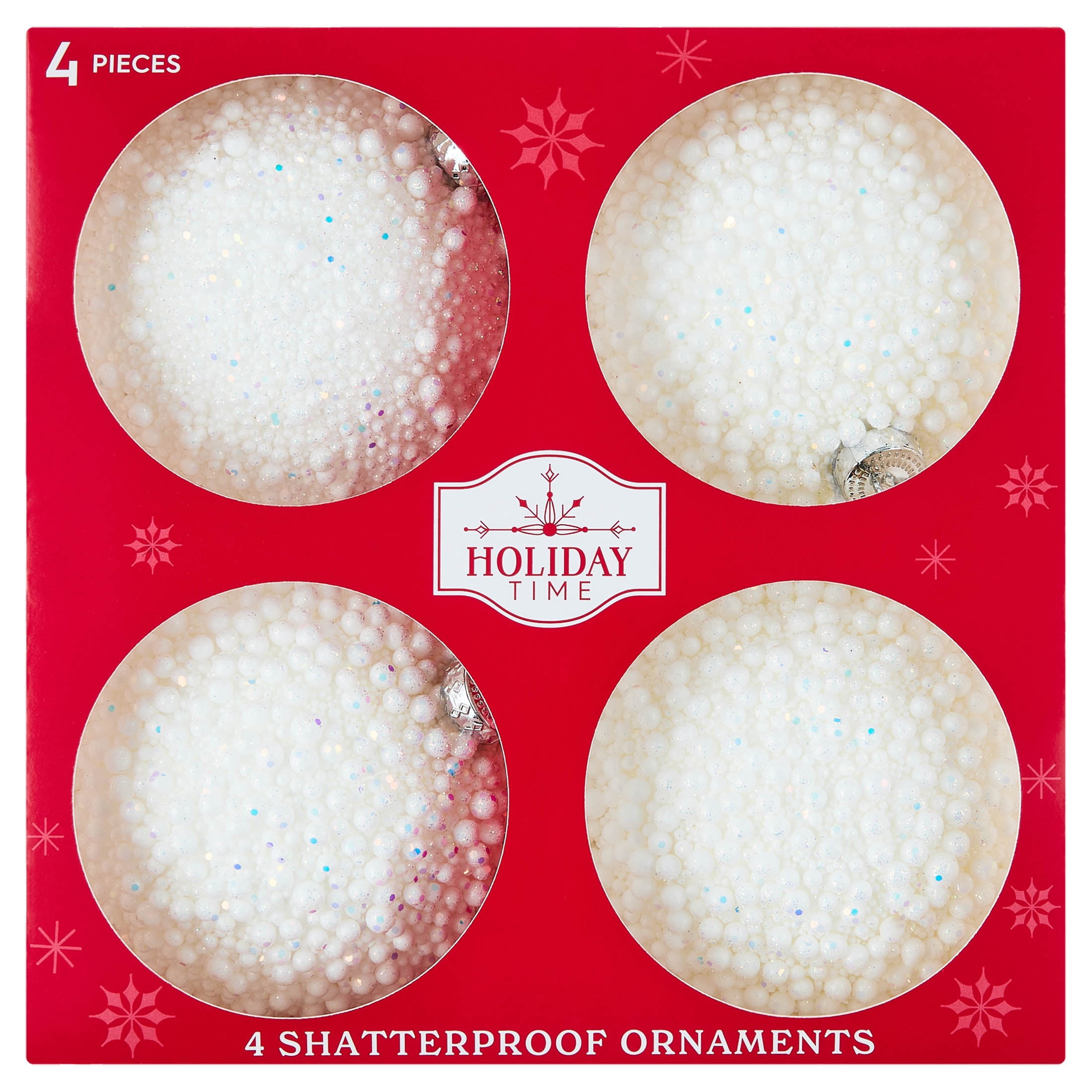 4-Count White Glitter Textured Ball Shatterproof Christmas Ornaments, 4.5", by Holiday Time
