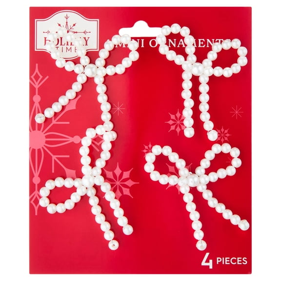 4-Count White Beaded Bow Mini Christmas Ornaments, 2.5", by Holiday Time