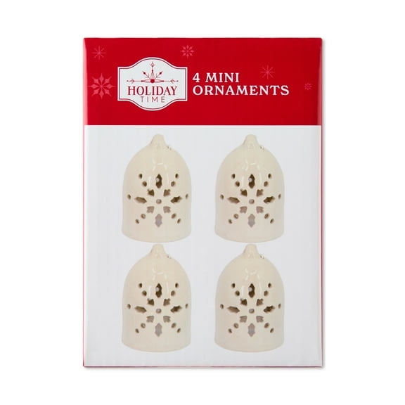 White Ceramic Mini Bell Christmas Ornaments, 4 Count, by Holiday Time