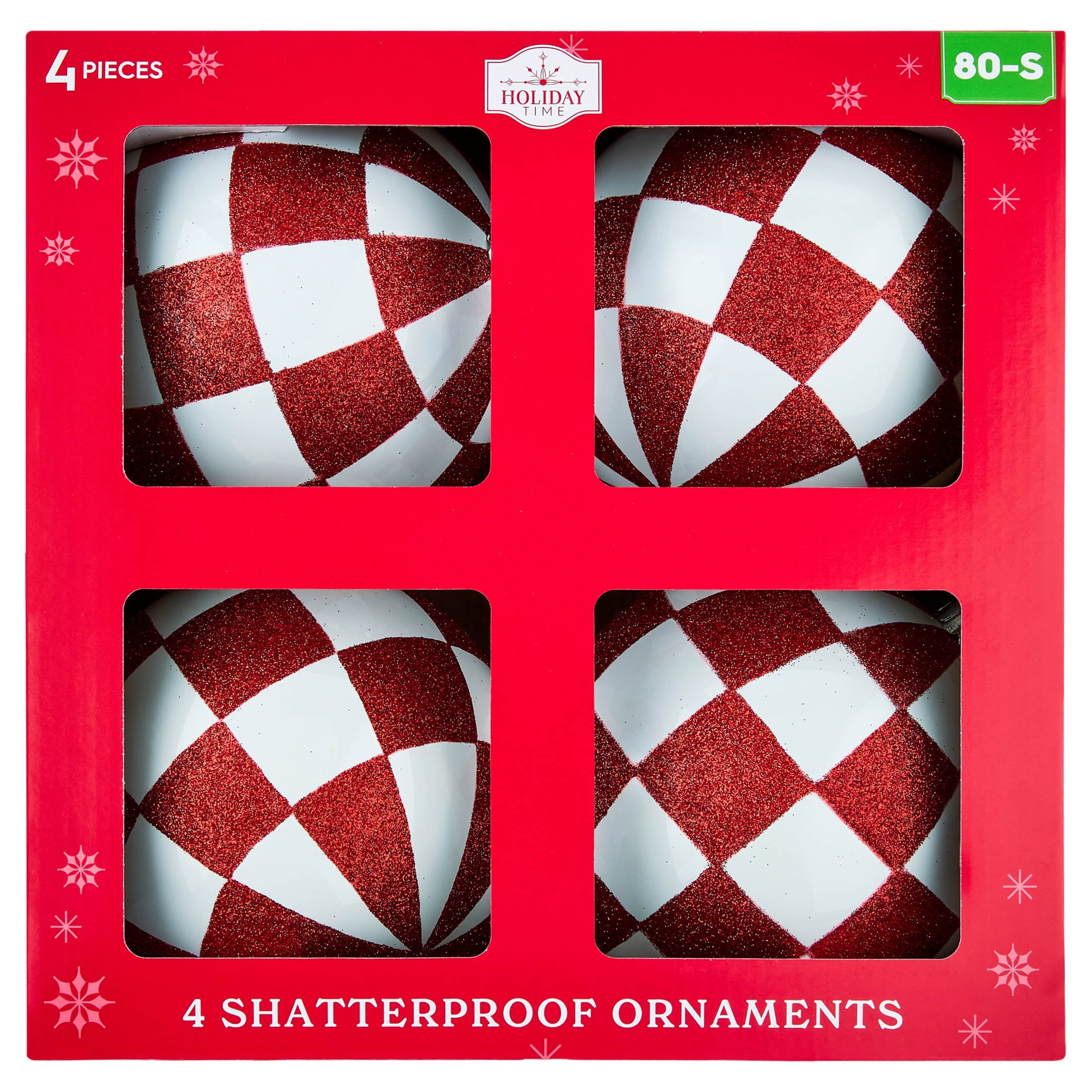 4-Count Red and White Checkered Ball Shatterproof Christmas Ornaments, 6.8", by Holiday Time