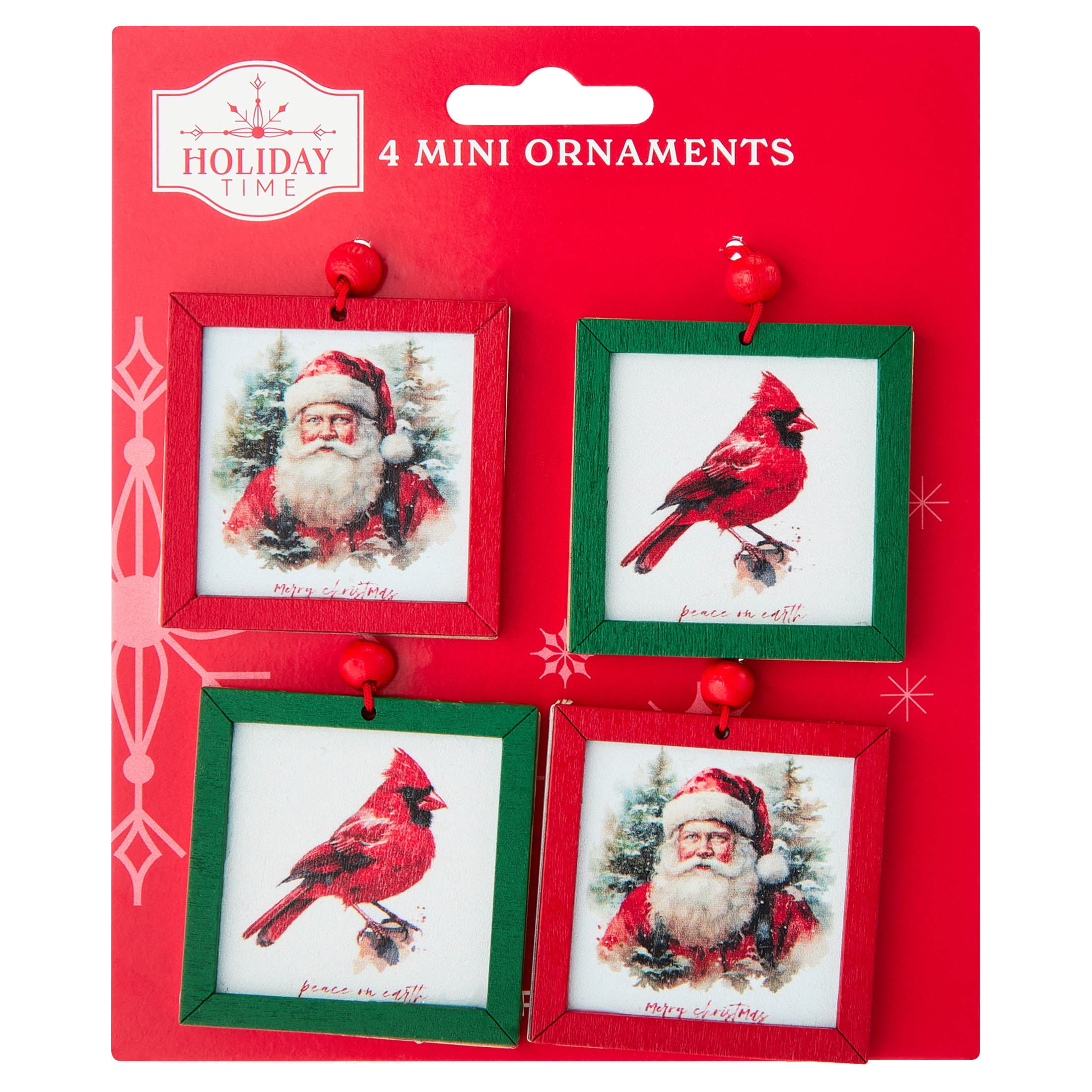 4-Count Red and Green Santa and Cardinal Artwork Christmas Ornaments, 2", by Holiday Time
