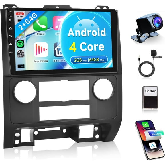 4Core 2G+64G Car Radio for Ford Escape 2007-2012/Mazda Tribute 2007-2012, Rimoody Android Car Stereo Carplay Android auto 9 Inch Touch Screen GPS Navigation WiFi Bluetooth FM + Backup Camera