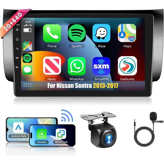 4Core+64G for Nissan Sentra 2013-2017 Car Radio with Wireless Carplay/Android Auto,Android Car Stereo 10.1 Inch Touch Screen GPS Navi WiFi Bluetooth FM/RDS Mirror Link SWC Backup Camera