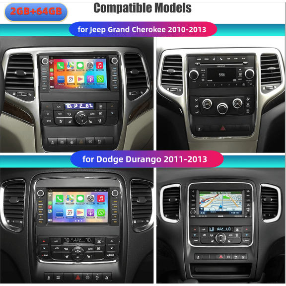 4Core Car Stereo for Jeep Grand Cherokee 2010-2013 & for Dodge Durango 2011-2013, 2GB+64GB 7" Touch Screen Radio with Wireless Carplay Android Auto GPS Navigation FM Bluetooth RDS Mirror Link