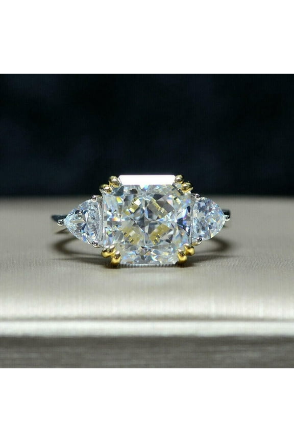 4Ct Asscher Cut Lab-Created Diamond Three Stone Engagement Ring 14K Gold Finish