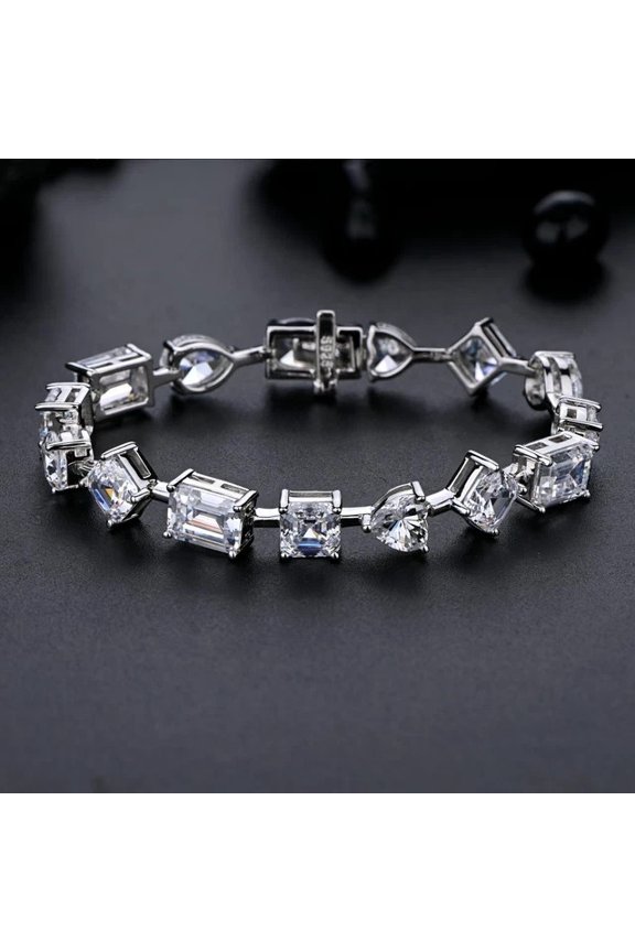 4Ct Asscher/Emerald Cut Simulated Diamond Unique Tennis Bracelet 14K White Gold Plated Silver 7Inch