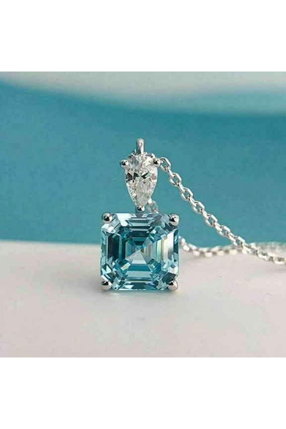 4Ct Asscher Lab Created Aquamarine Solitaire Pendant 14K White Gold Plated 18" Free Chain
