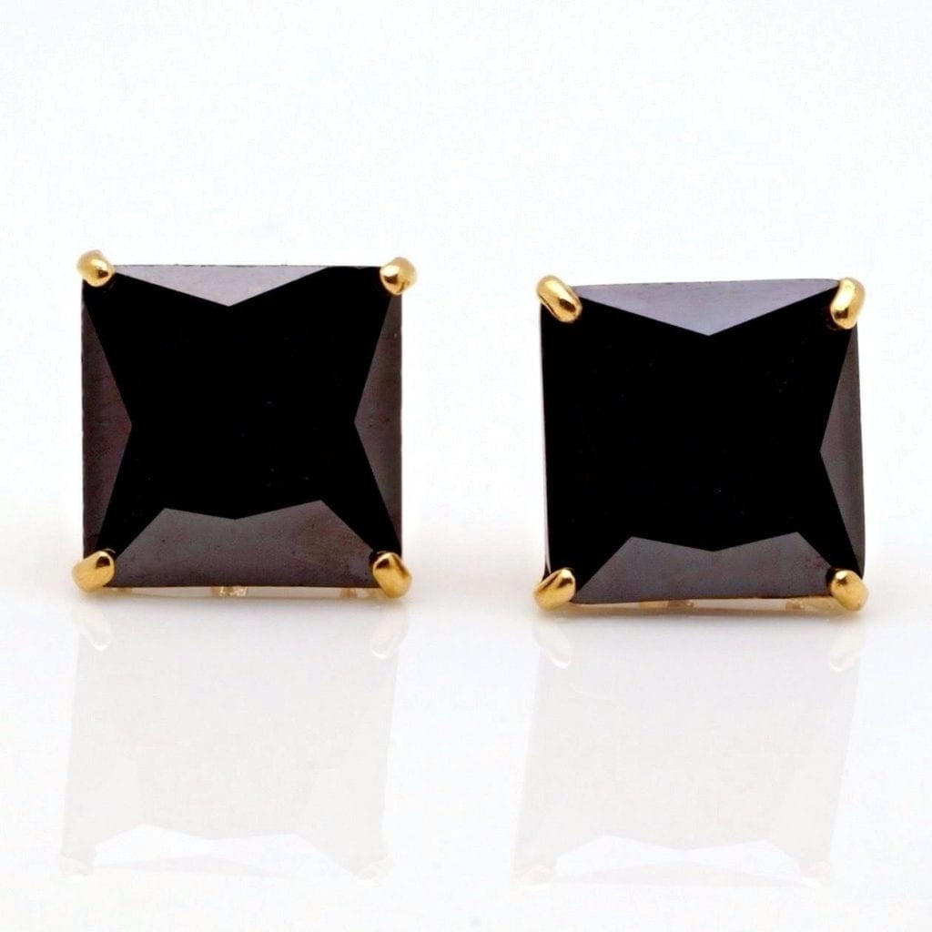 WJD EXCLUSIVES 4Ct Created Black Diamond Princess Cut Stud Earrings In 14K Yellow Gold Basket