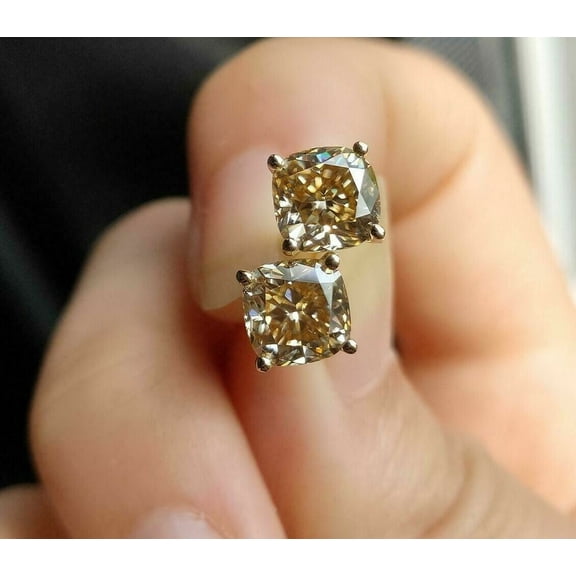 4Ct Cushion Cut Champagne Morganite Solitaire Stud Women's Earrings 14K Yellow Gold Finish Silver