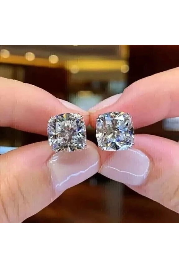 Solitaire Pretty 4CT Cushion Cut Simulated Diamond Women's Stud Earrings 14K White Gold Plated 925 Silver