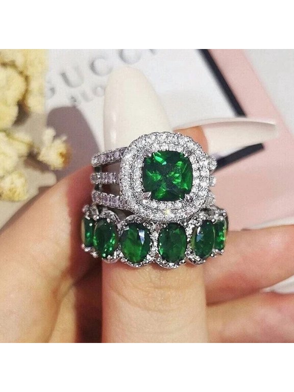4Ct Cushion Cut Simulated Green Emerald Women's Wedding Bridal Ring Set 14K White Gold Plated