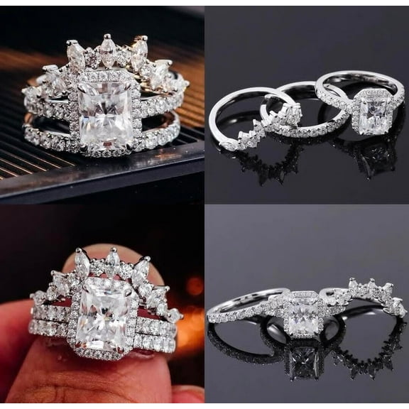 4Ct Emerald Cut Lab Created Diamond Engagement Trio Set Halo Wedding Ring 14K White Gold Plated Silver