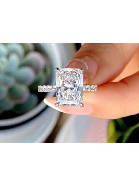 4Ct Emerald Cut Lab Created Diamond Engagement Womens 14K White Gold Plated Ring