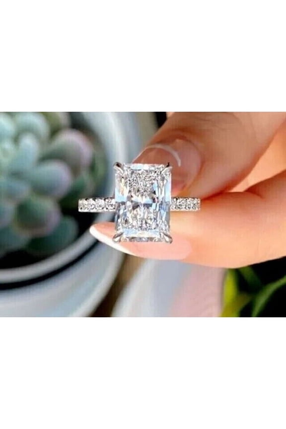 4Ct Emerald Cut Lab Created Diamond Engagement Womens 14K White Gold Plated Ring