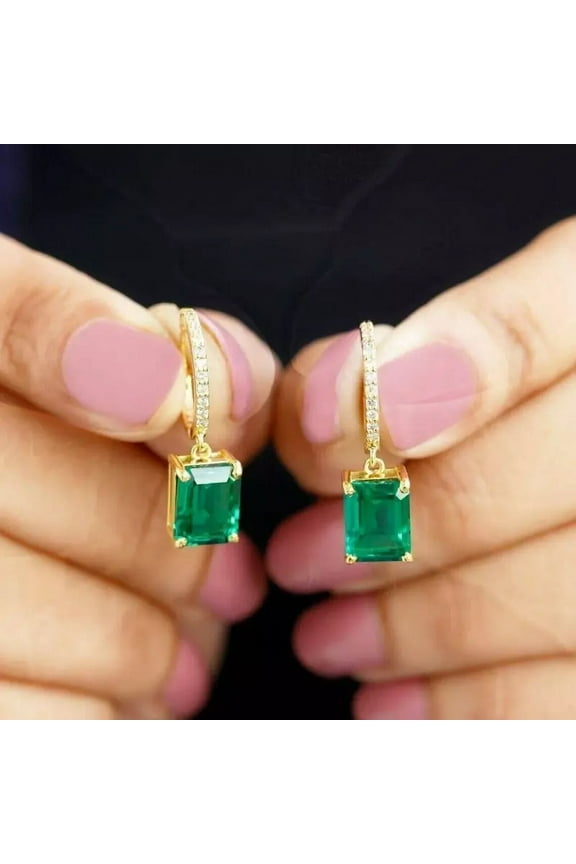 4Ct Emerald-Cut Lab Created Emerald Drop Dangle Earrings 14K Yellow Gold Plated