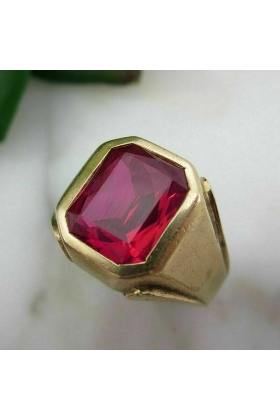 4Ct Emerald Cut Lab Created Pinky Ruby Men's Engagement Ring 14k Yellow Gold Plated Silver
