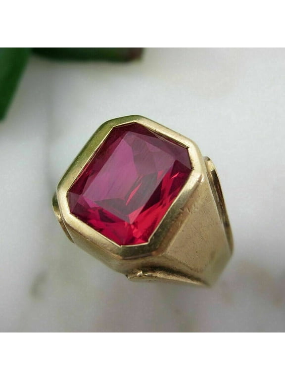 4Ct Emerald Cut Lab Created Pinky Ruby Men's Engagement Ring 14k Yellow Gold Plated Silver