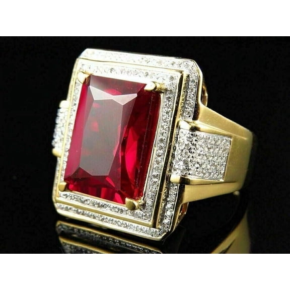 4Ct Emerald Cut Lab Created Red Ruby Men's Halo Ring In 14K Yellow Gold Plated