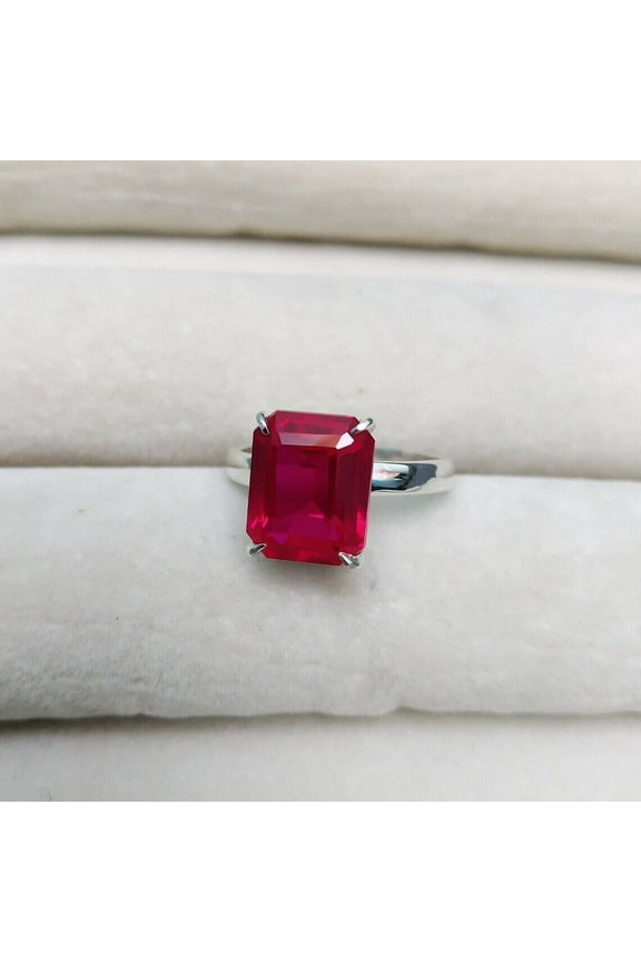 4Ct Emerald Cut Lab Created Red Ruby Wedding Solitaire Women's Ring 14k White Gold Plated Silver
