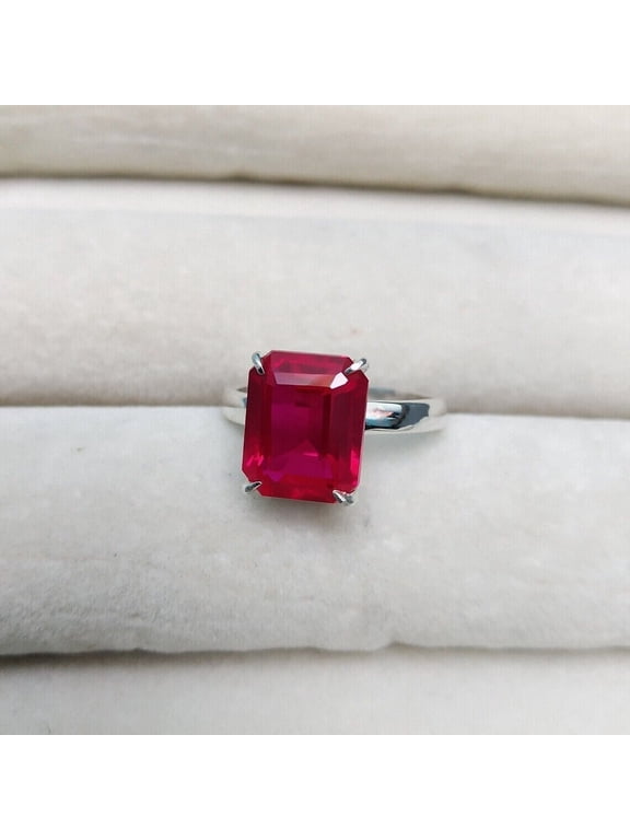 4Ct Emerald Cut Lab Created Red Ruby Wedding Solitaire Women's Ring 14k White Gold Plated Silver