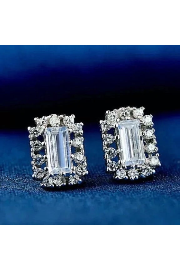 4Ct Emerald Cut Simulated Diamond Halo Stud Earrings 14K White Gold Plated