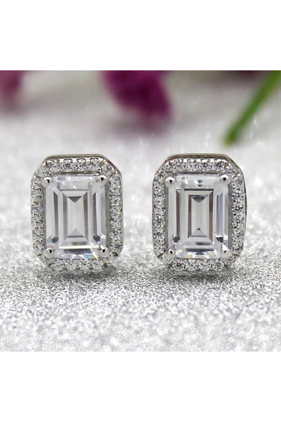 4Ct Emerald Cut Simulated Diamond Halo Women's Stud Earrings 14K White Gold Plated 925 Silver For Her