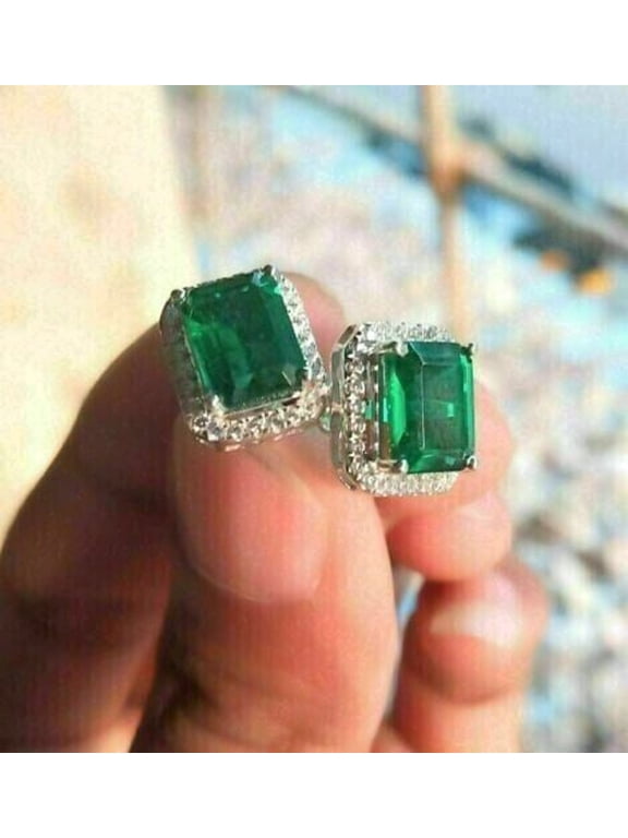 4Ct Emerald Green Emerald Lab-Created Stud Earrings 14K White Gold Plated