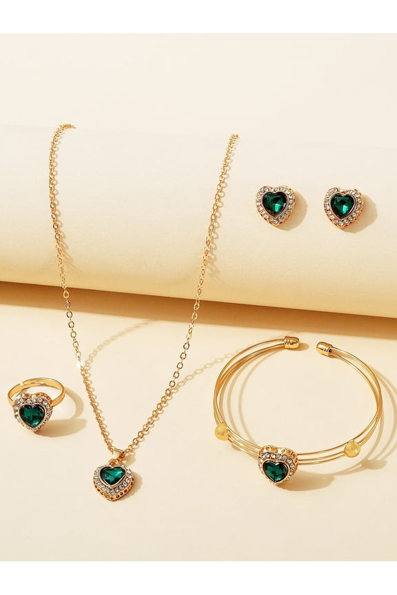 4Ct Heart Cut Simulated Green Emerald Women's Wedding Gift Mix Jewelry Set 14K Yellow Gold Plated 18"