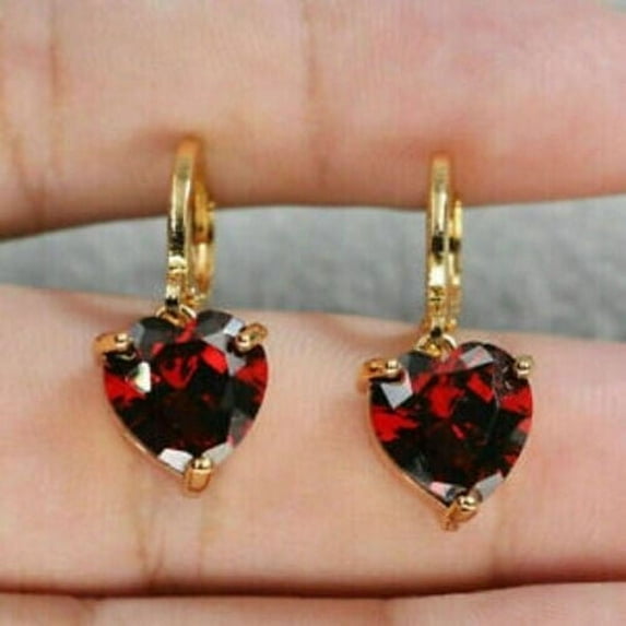 4Ct Heart Lab Created Red Garnet Solitaire Drop Dangle Earrings 14K Yellow Gold Finish
