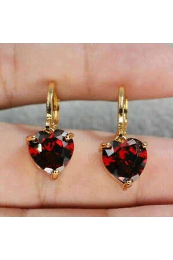 4Ct Heart Lab Created Red Garnet Solitaire Drop Dangle Earrings 14K Yellow Gold Finish