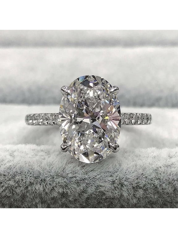 4Ct Oval Cut Lab Created Diamond Solitaire With Accents Engagement Ring 14K White Gold Plated 925 Silver