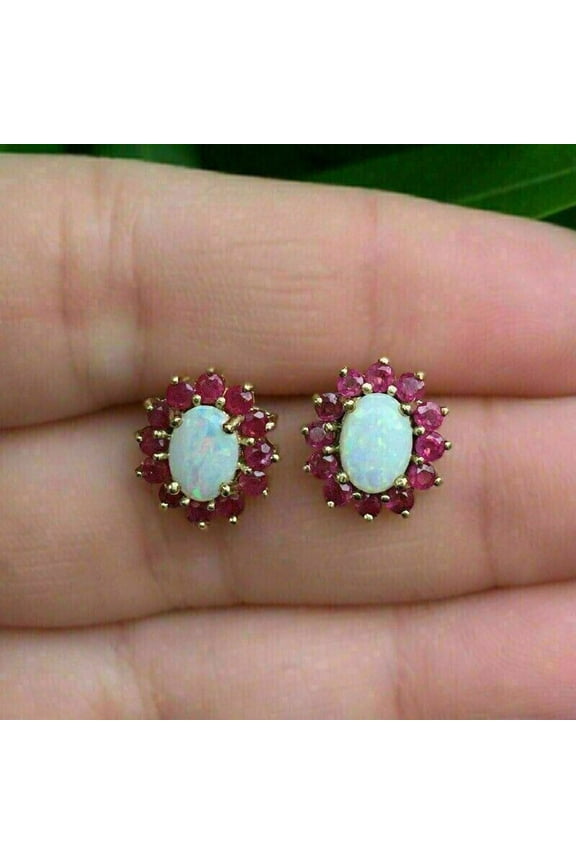 4Ct Oval Cut Lab Created Fire Opal Women's Flower Stud Earrings For Women's 14K Yellow Gold Plated