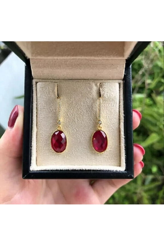 4Ct Oval Cut Lab Created Red Ruby Diamond Drop/Dangle Earrings 14K Yellow Gold Plated