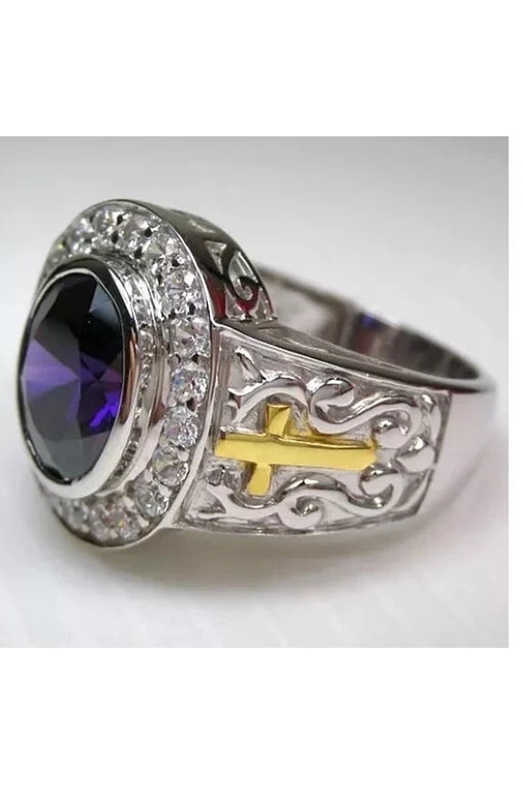 4Ct Oval Cut Lab Created Sapphire Men's Cross Bishop Ring 14K White Gold Plated