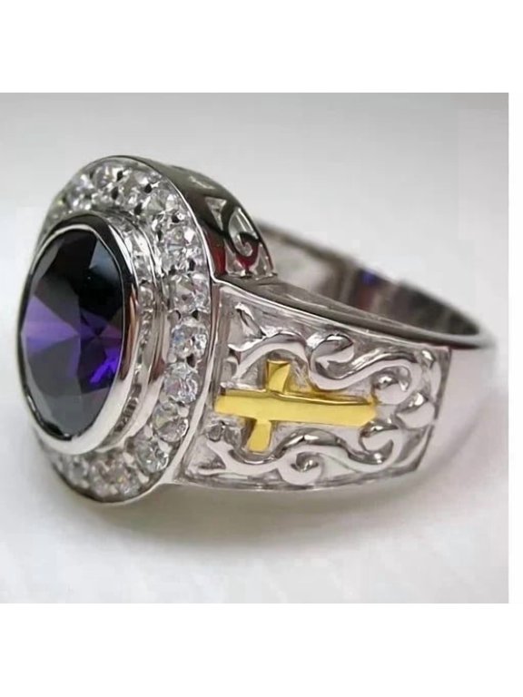 4Ct Oval Cut Lab Created Sapphire Men's Cross Bishop Ring 14K White Gold Plated