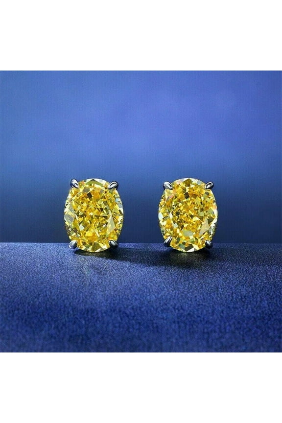 4Ct Oval Cut Lab Created Yellow Diamond Solitaire Stud Earrings 14K White Gold Plated Silver